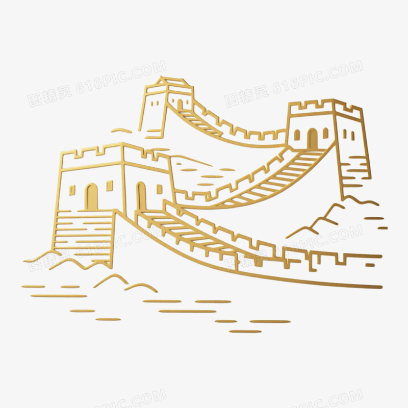 线条插画金色长城建筑免抠元素
