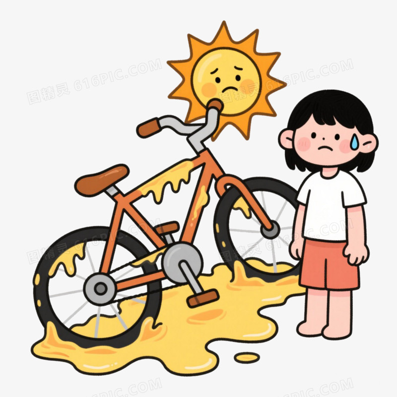 插画高温快融化的自行车和小女孩免抠元素
