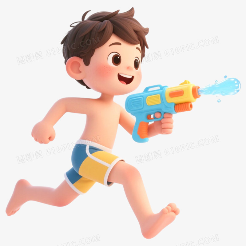 3D立体小孩夏日玩水枪免抠元素