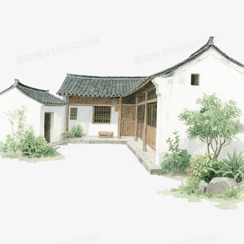 卡通插画风中式农家小院屋子免抠元素