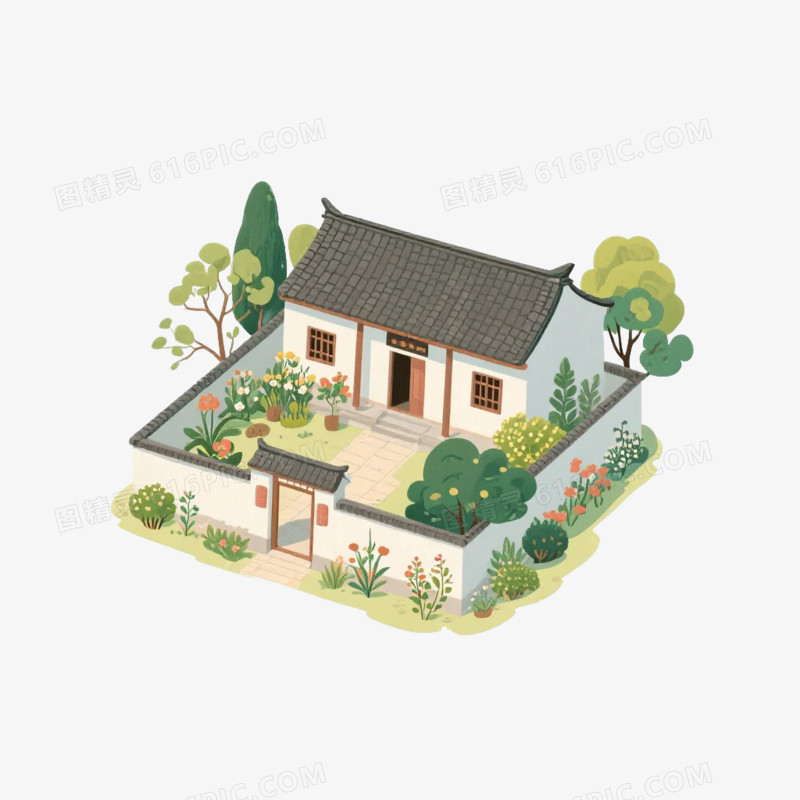 卡通插画风中式农家小院屋子免抠元素