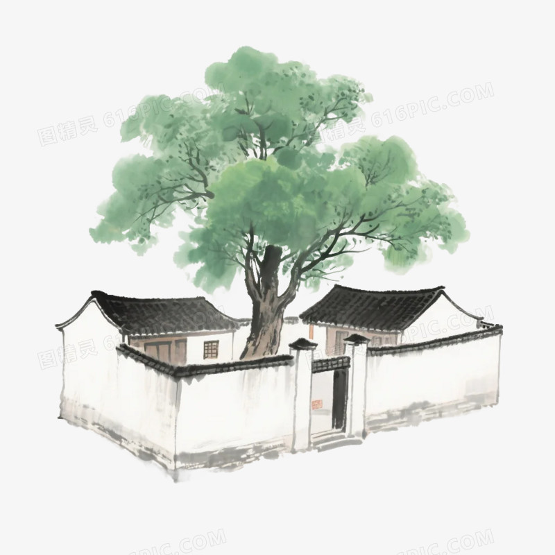 卡通插画风中式农家小院屋子免抠元素