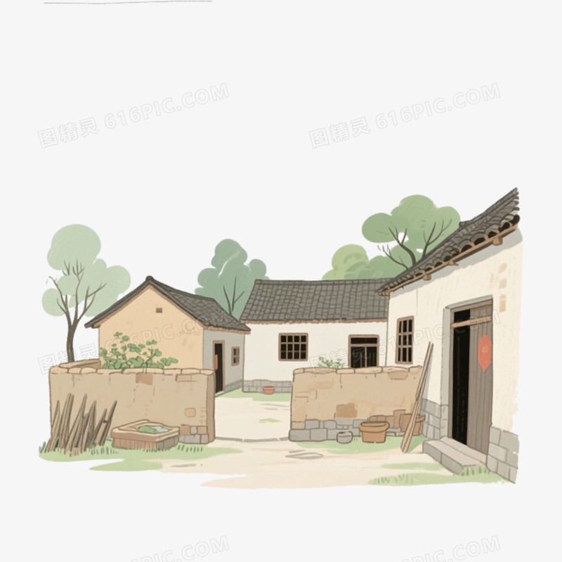 插画风农家小院免抠元素