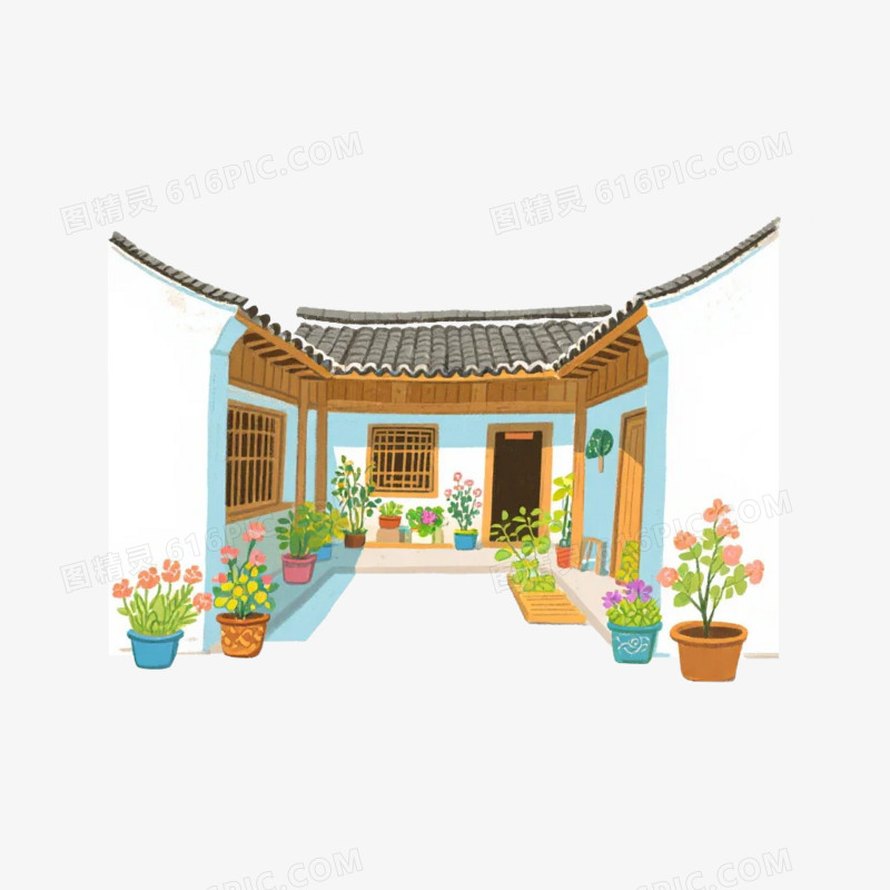 卡通插画风中式农家小院屋子免抠元素