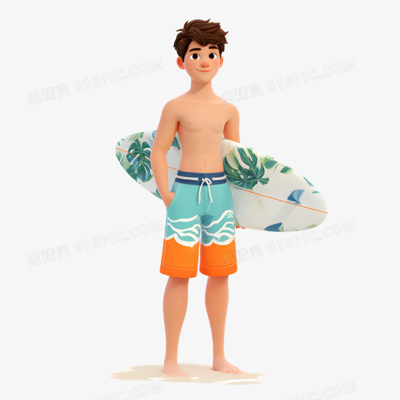 3D卡通夏天人物冲浪免抠元素