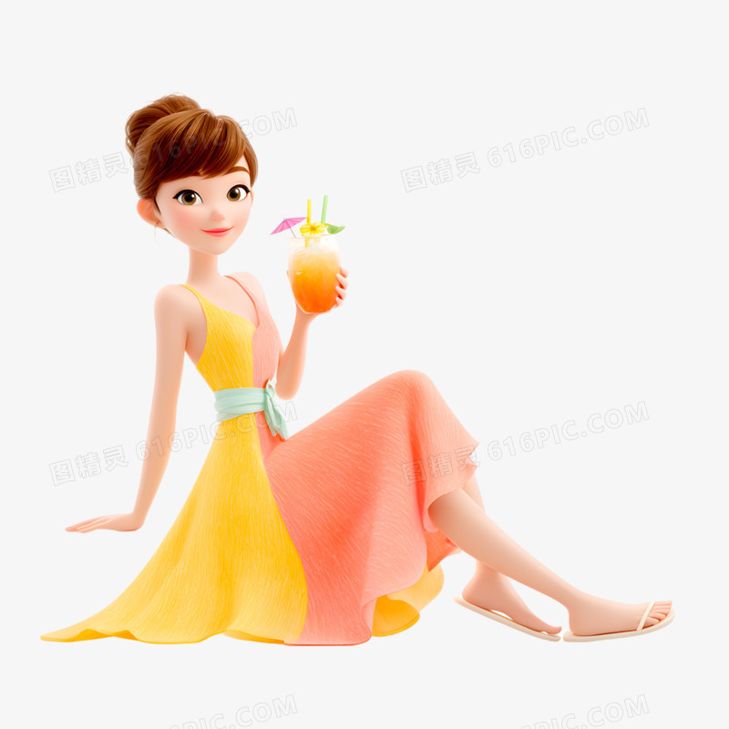 3D卡通夏天人物喝冷饮免抠元素