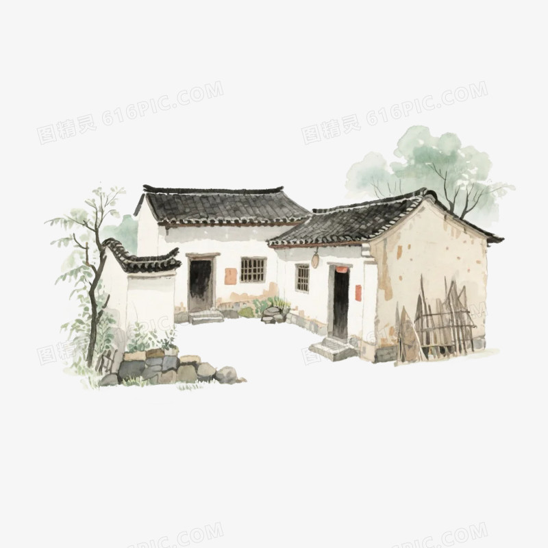 卡通插画风中式农家小院屋子免抠元素