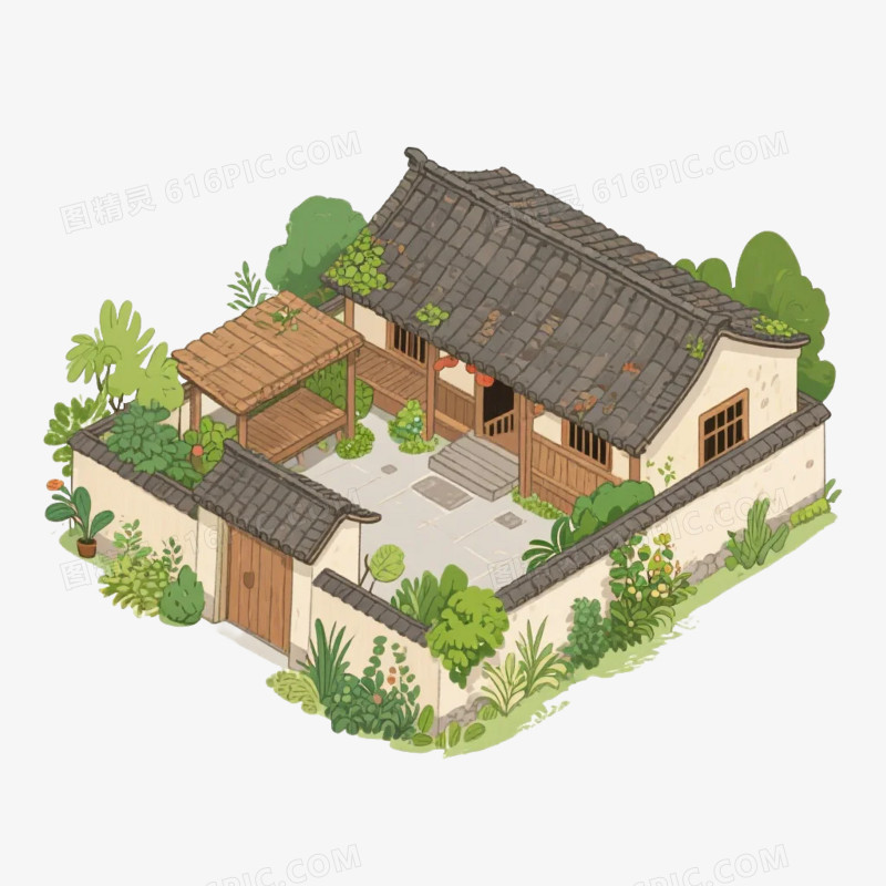 卡通插画风农家小院院子屋子免抠元素