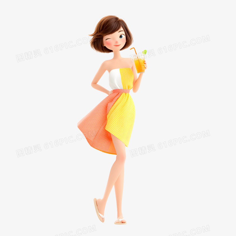 3D卡通夏天人物喝冷饮免抠元素