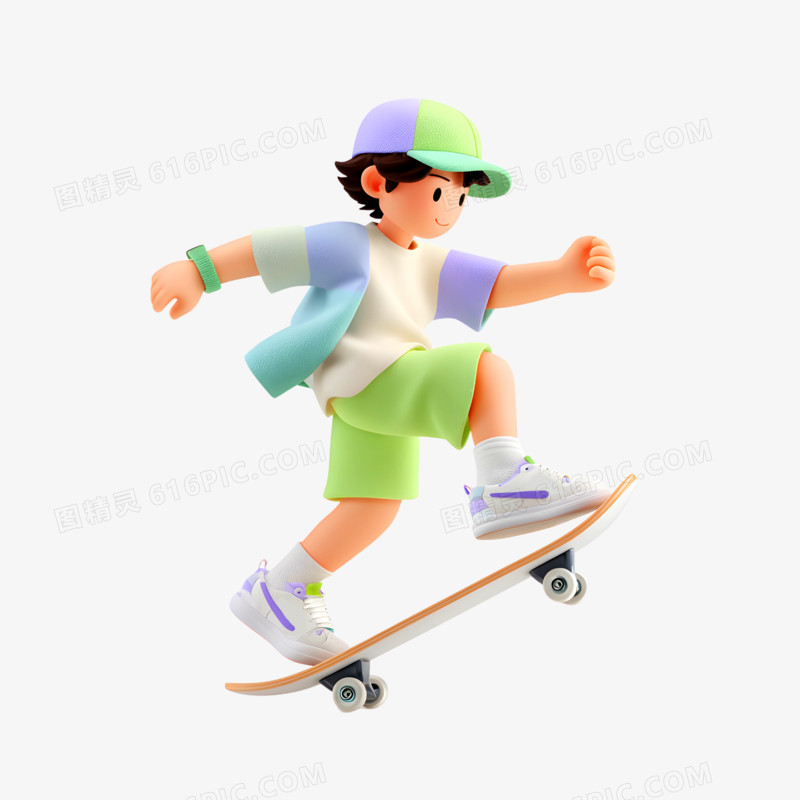 3D卡通夏天人物滑板免抠元素