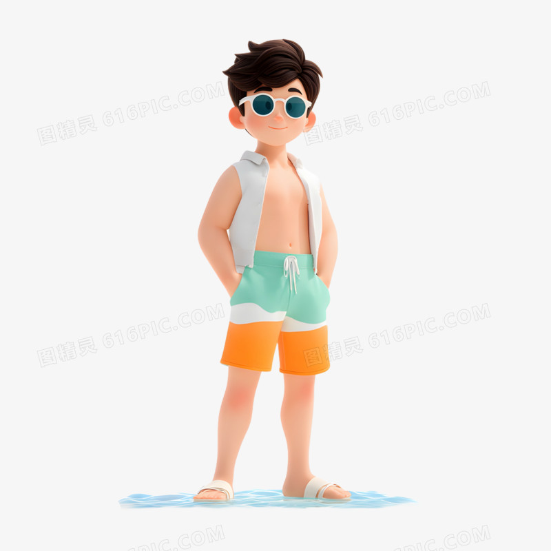 3D卡通夏天人物在海边免抠元素