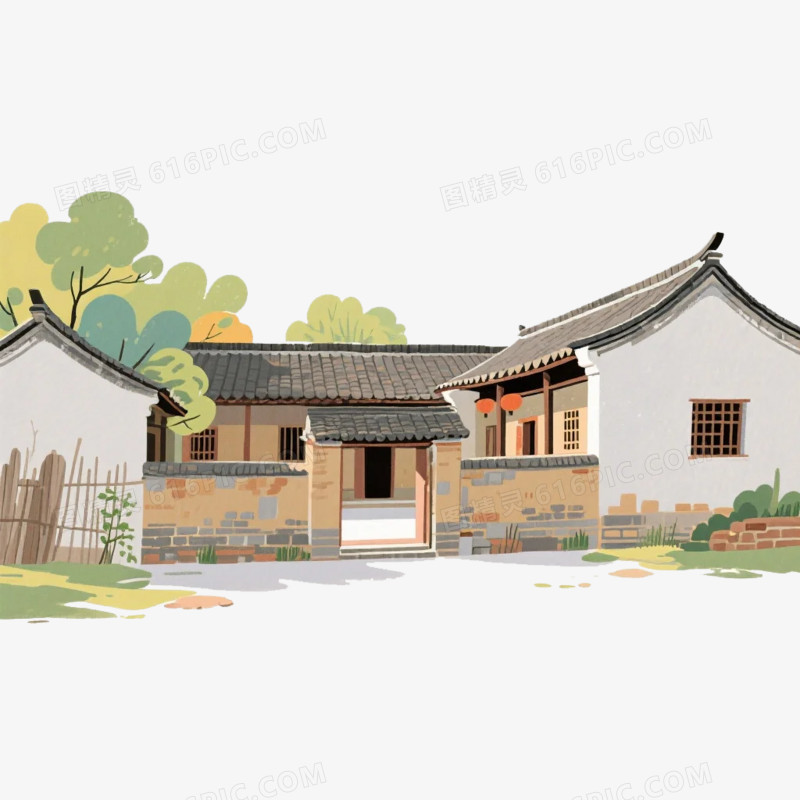 卡通插画风中式农家小院屋子免抠元素
