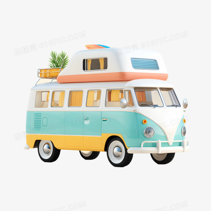 3D卡通夏天元素旅行车免抠元素