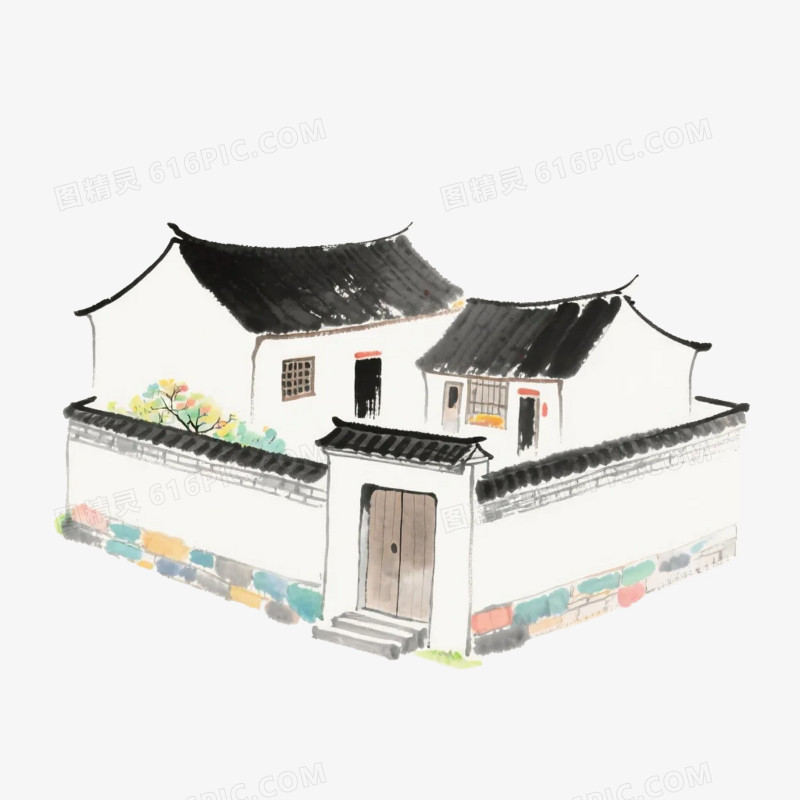 卡通插画风中式农家小院屋子免抠元素