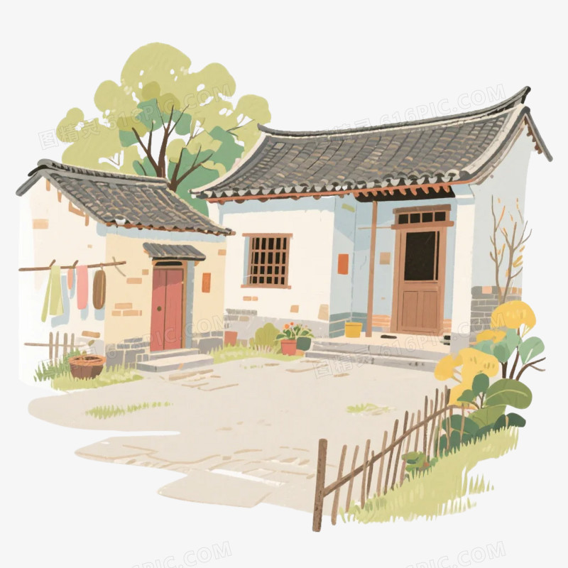 卡通插画风中式农家小院屋子免抠元素