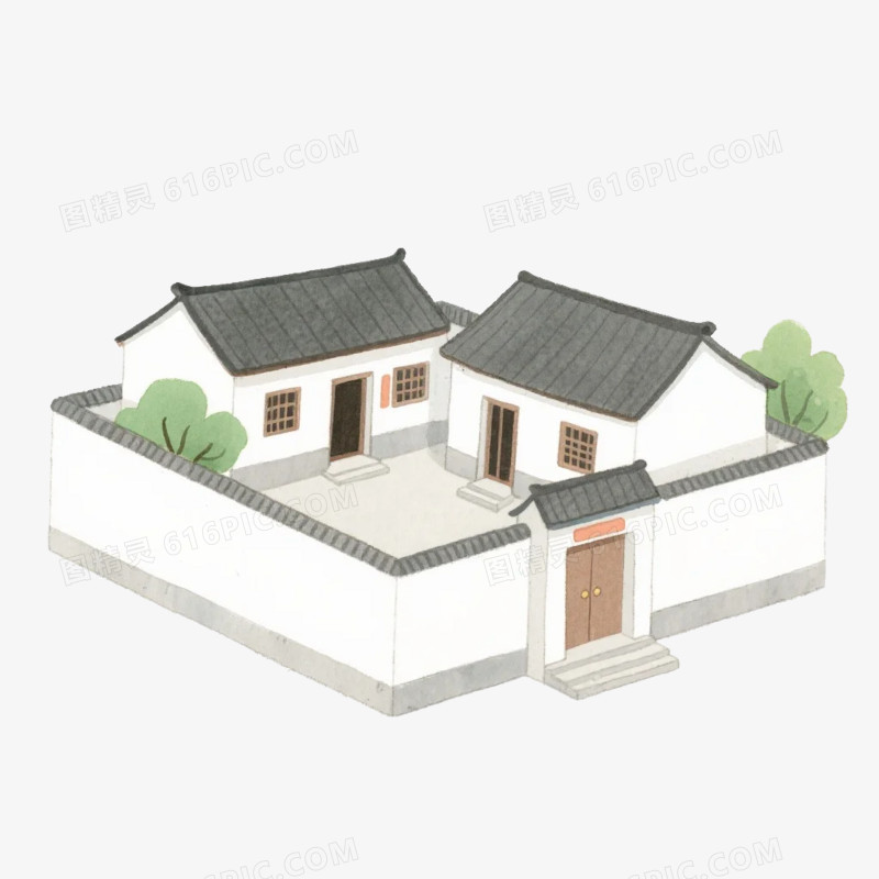 卡通插画风中式农家小院屋子免抠元素