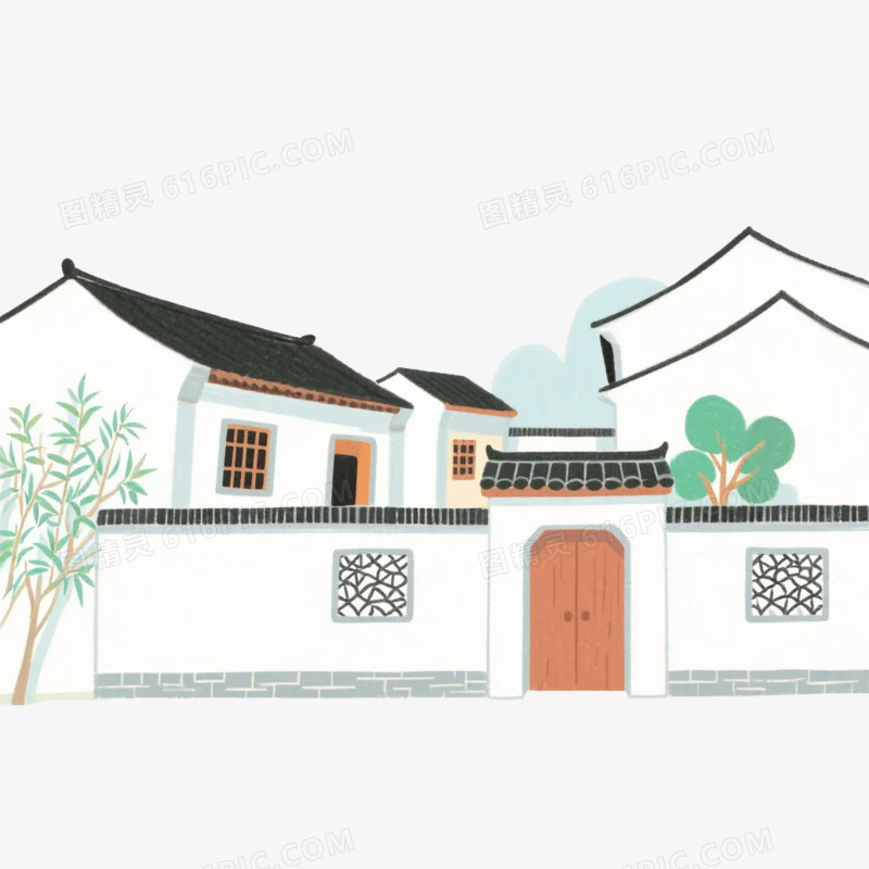 卡通插画风中式农家小院屋子免抠元素