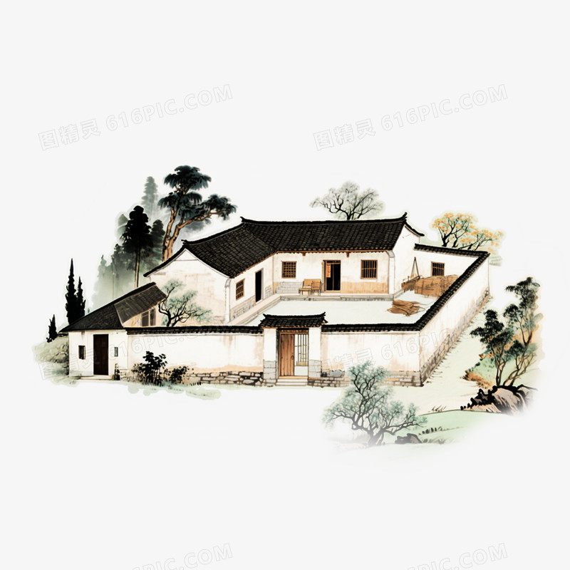 手绘插画风中国农家小院免抠元素