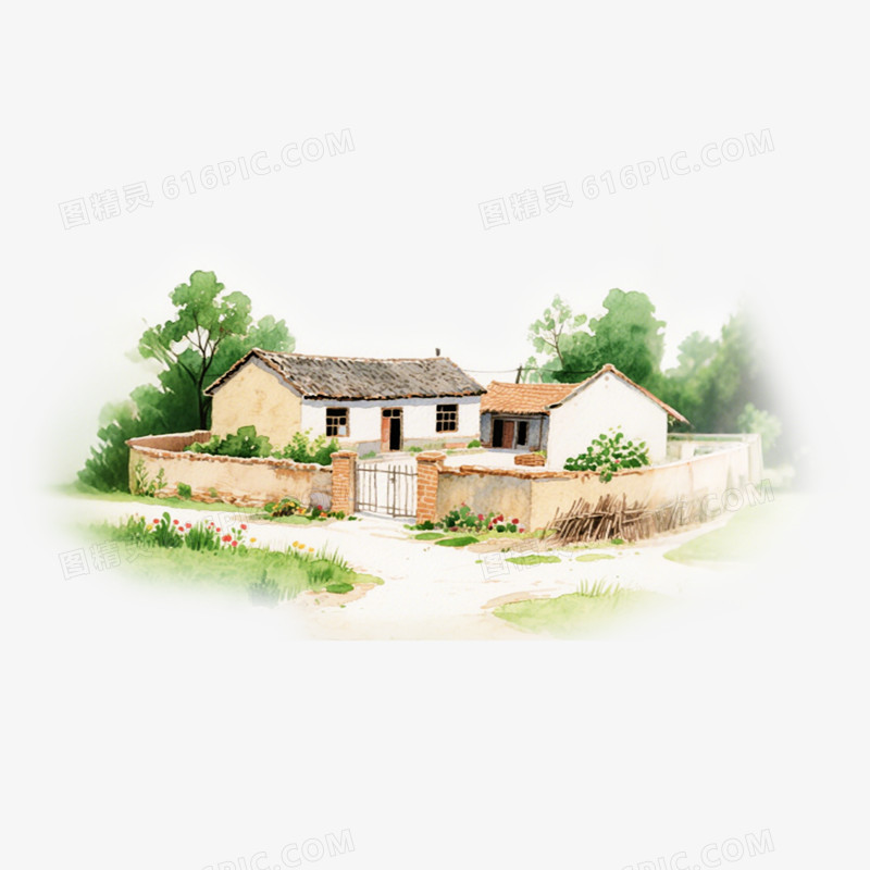 手绘插画风中国农家小院免抠元素