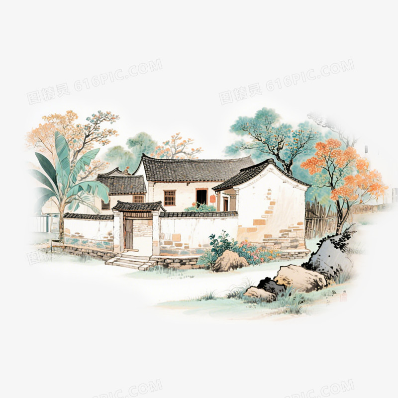 手绘插画风中国农家小院免抠元素