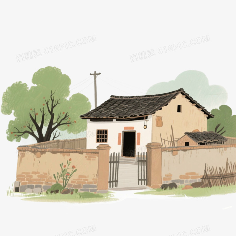 插画风农家小院免抠元素
