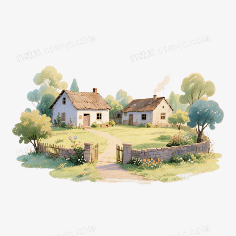 手绘插画风中国农家小院免抠元素