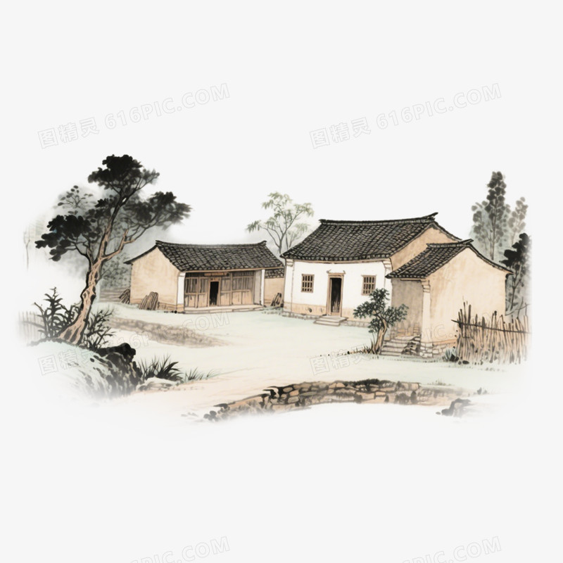 手绘插画风中国农家小院免抠元素