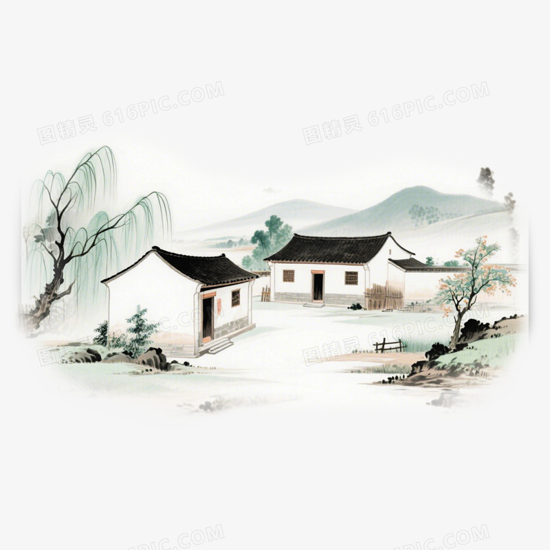 手绘插画风中国农家小院免抠元素