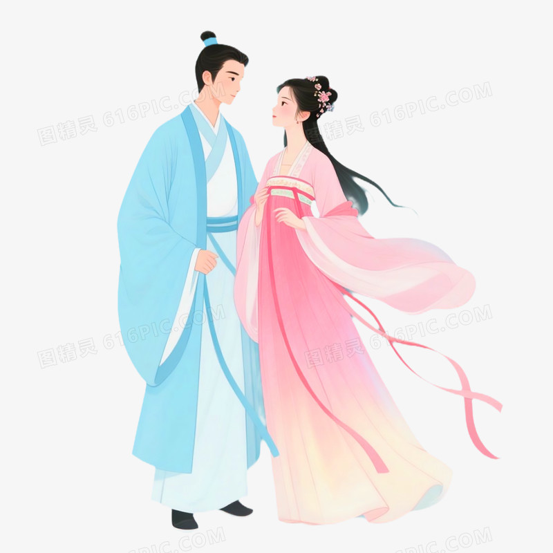 卡通手绘七夕节古风情侣免抠元素