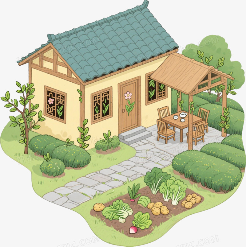 手绘插画风有木桌椅农家小院免抠元素
