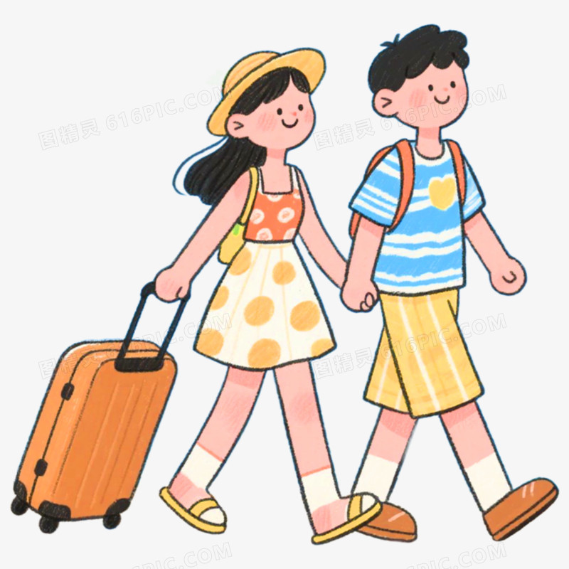 拿着行李出发旅游踏青郊游情侣免抠元素