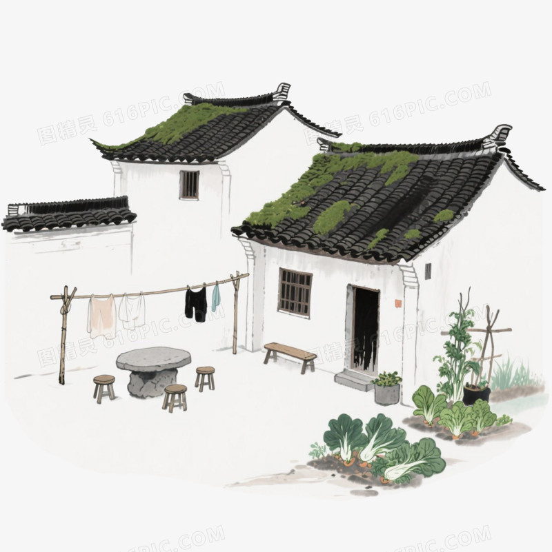 水墨风有石桌椅农家小院免抠元素