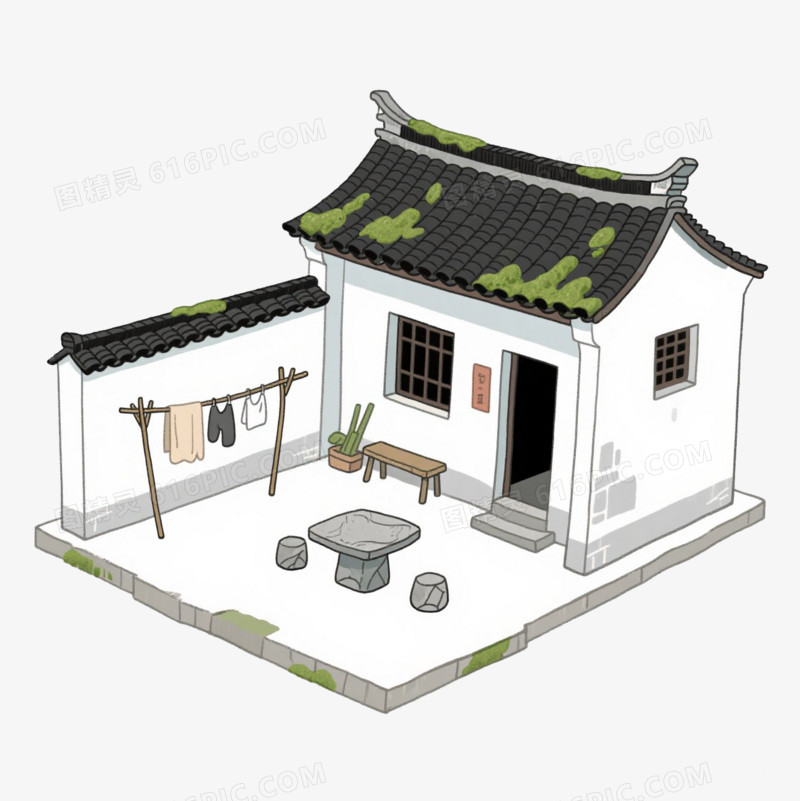 水墨风有十桌椅的农家小院免抠元素