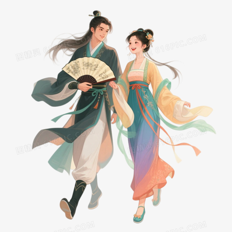 手绘古风情侣免抠元素