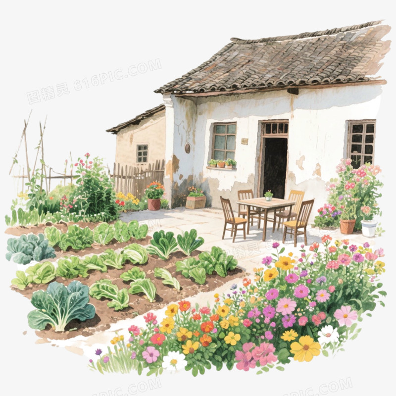 手绘水彩插画农家小院免抠元素