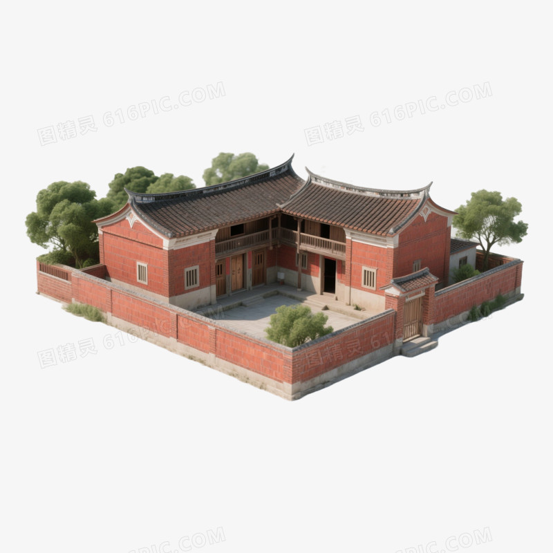 卡通手绘闽南红砖古厝免抠元素