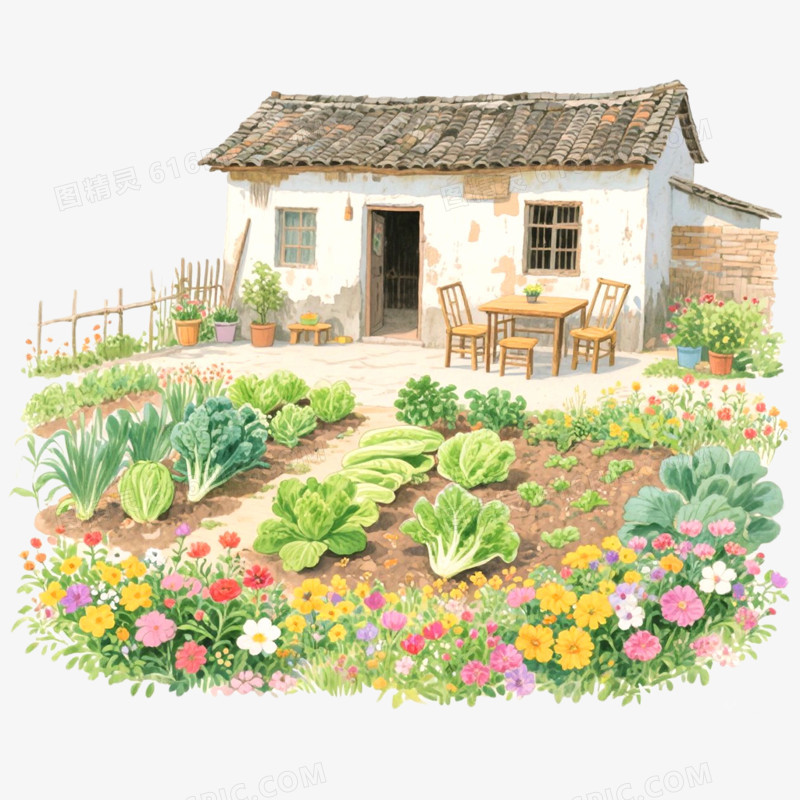 手绘水彩插画农家小院免抠元素