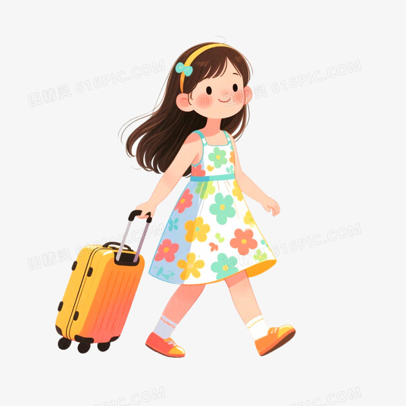 手绘卡通插画可爱女孩出游免抠元素