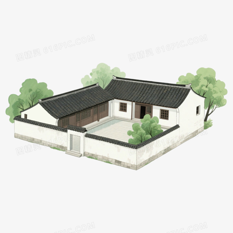 卡通手绘中国传统江南院子免抠元素