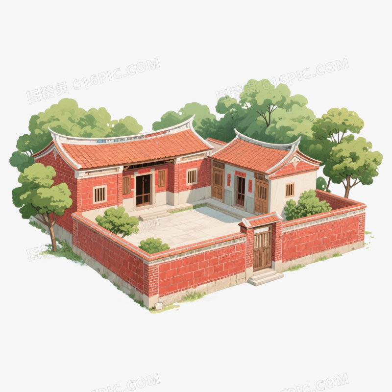 卡通手绘闽南红砖古厝免抠元素