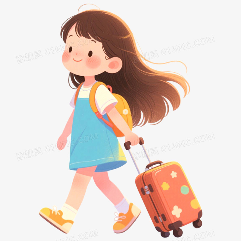 手绘卡通插画可爱女孩出游免抠元素