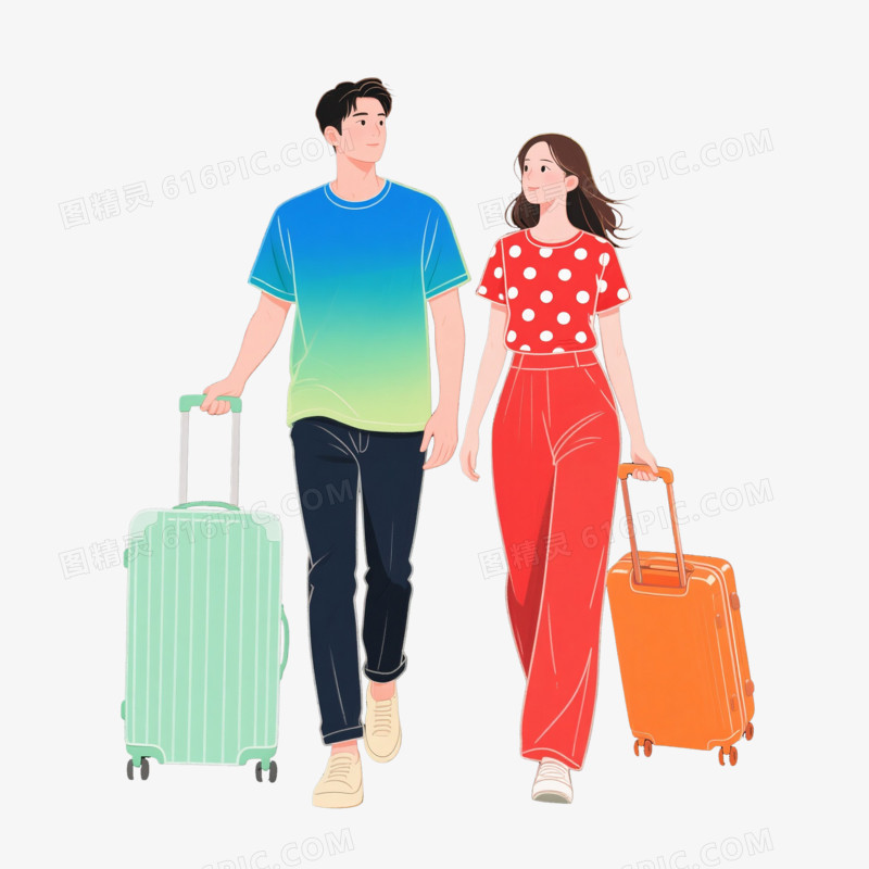 卡通手绘夏季旅游的情侣免抠元素