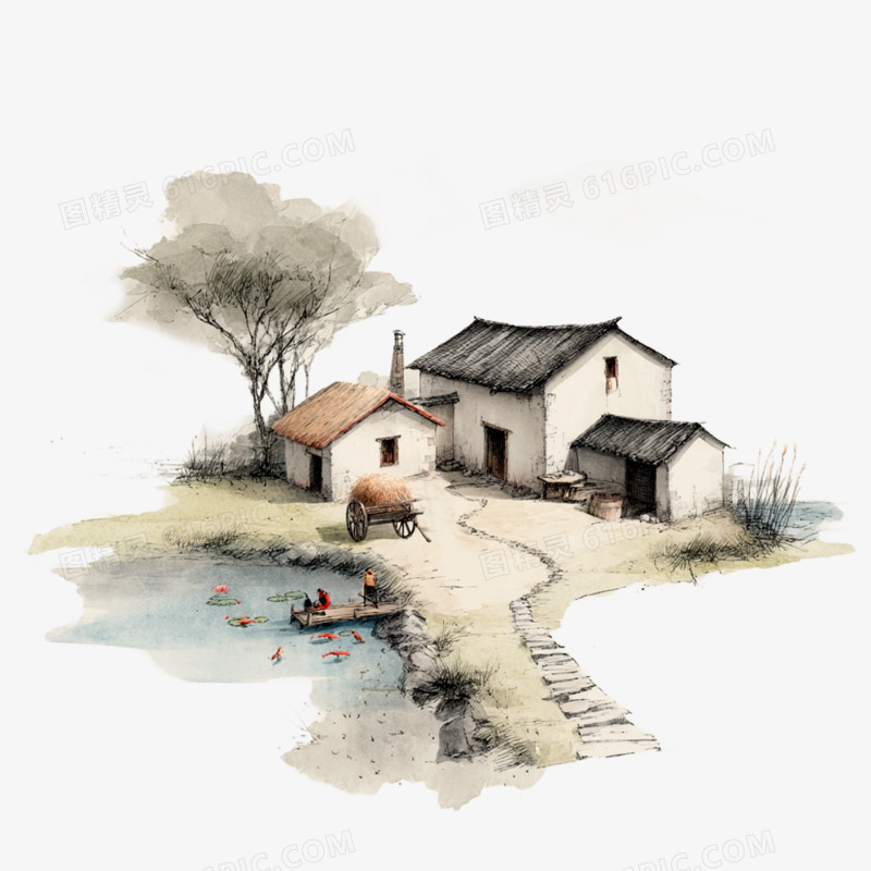 水墨风格中式农家小院免抠元素