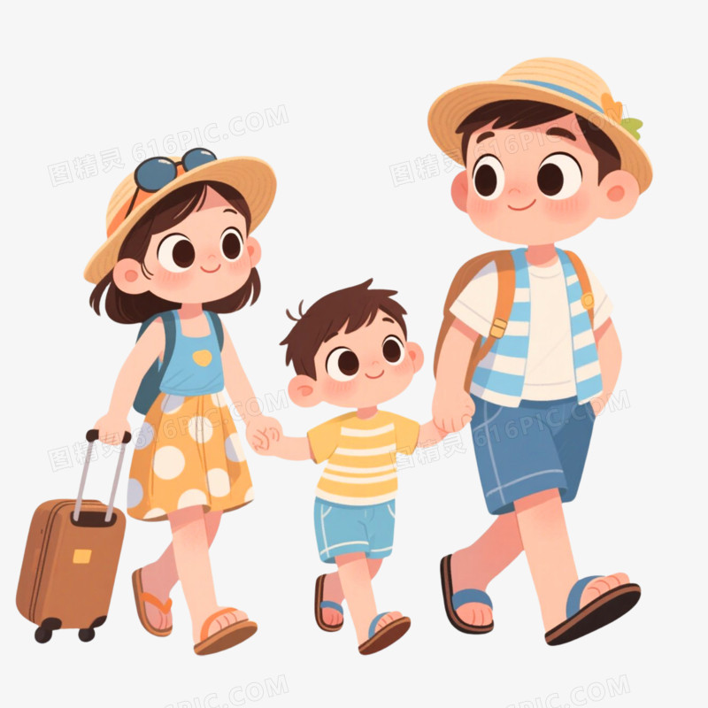 手绘插画风格一家三口旅游免抠元素