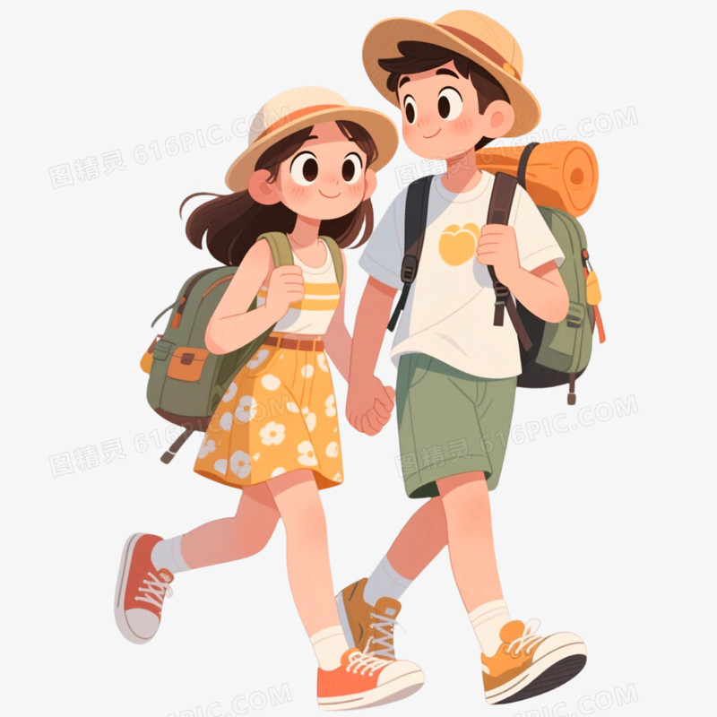 手绘插画风格情侣旅游免抠元素