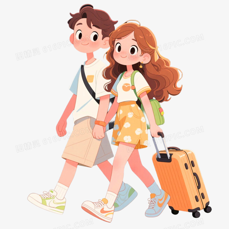 手绘插画风格情侣旅游免抠元素
