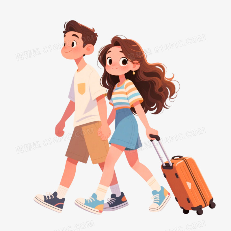 手绘插画风格情侣旅游免抠元素