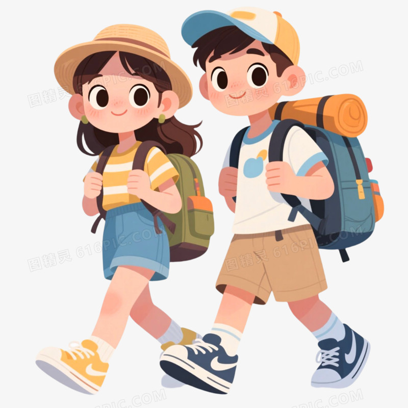 手绘插画风格情侣旅游免抠元素