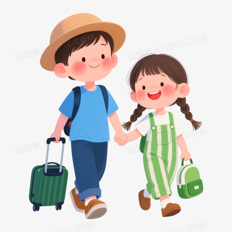 两个小朋友出门旅游免抠元素