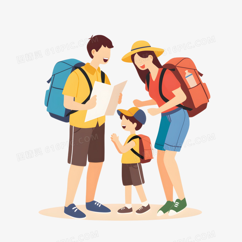 手绘卡通一家人旅游旅行免抠元素